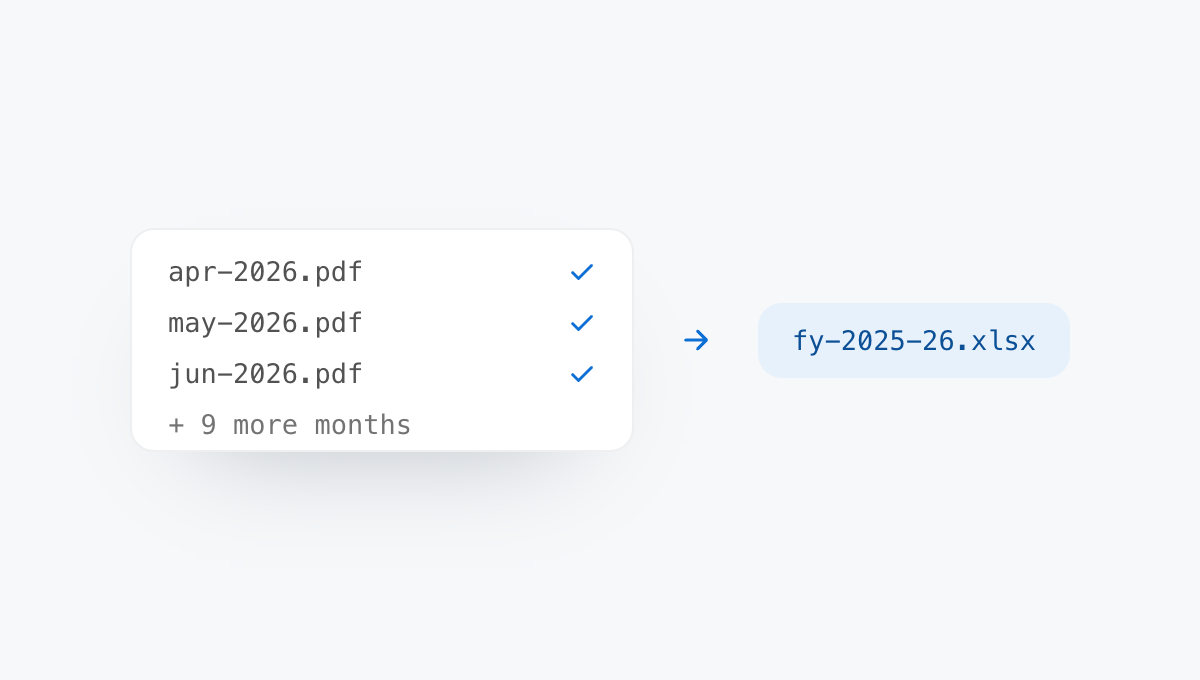A year of client statements merged into one continuous reconciled sheet.